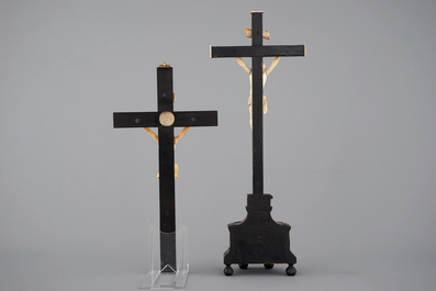 Two carved ivory corpus christi, mounted on ebony and tortoise shell crucifix, 18/19th C.